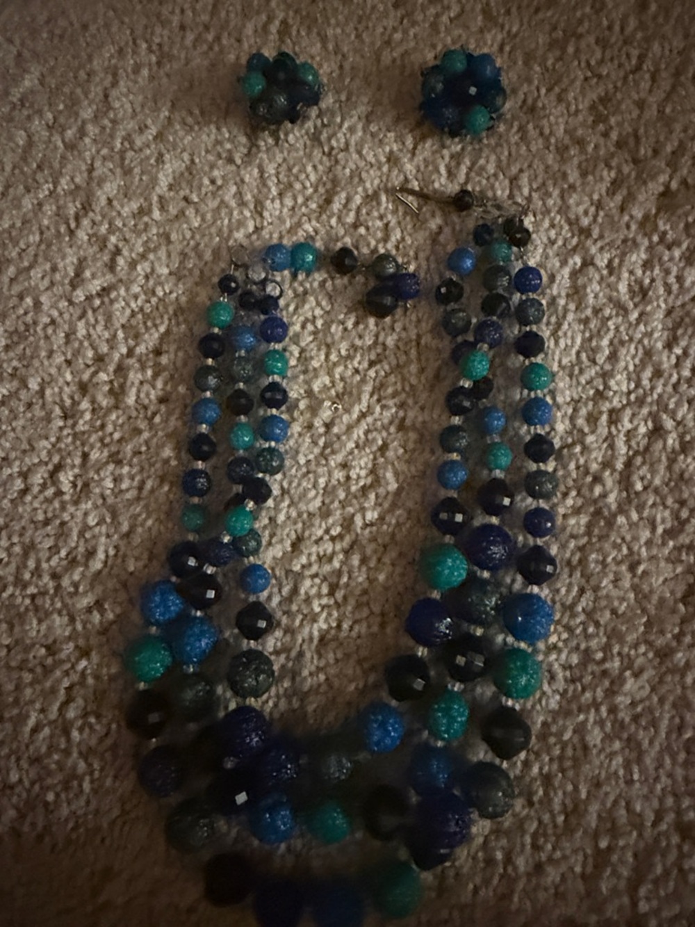 Blue & Teal Multi-Strand Beaded Necklace with Matching Clip-On Earrings